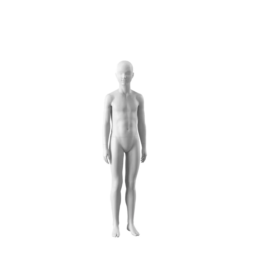 White child mannequin, abstract head with nose and mouth, round glass base, pose 732