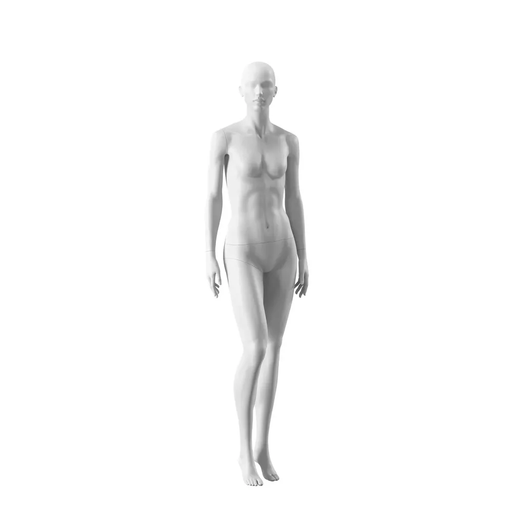 Mannequin de vitrine femme blanc, tête abstraite avec nez et bouche, socle rond en verre, pose 002