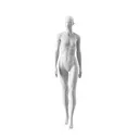 White female mannequin, abstract head with nose and mouth, round glass base, pose 002