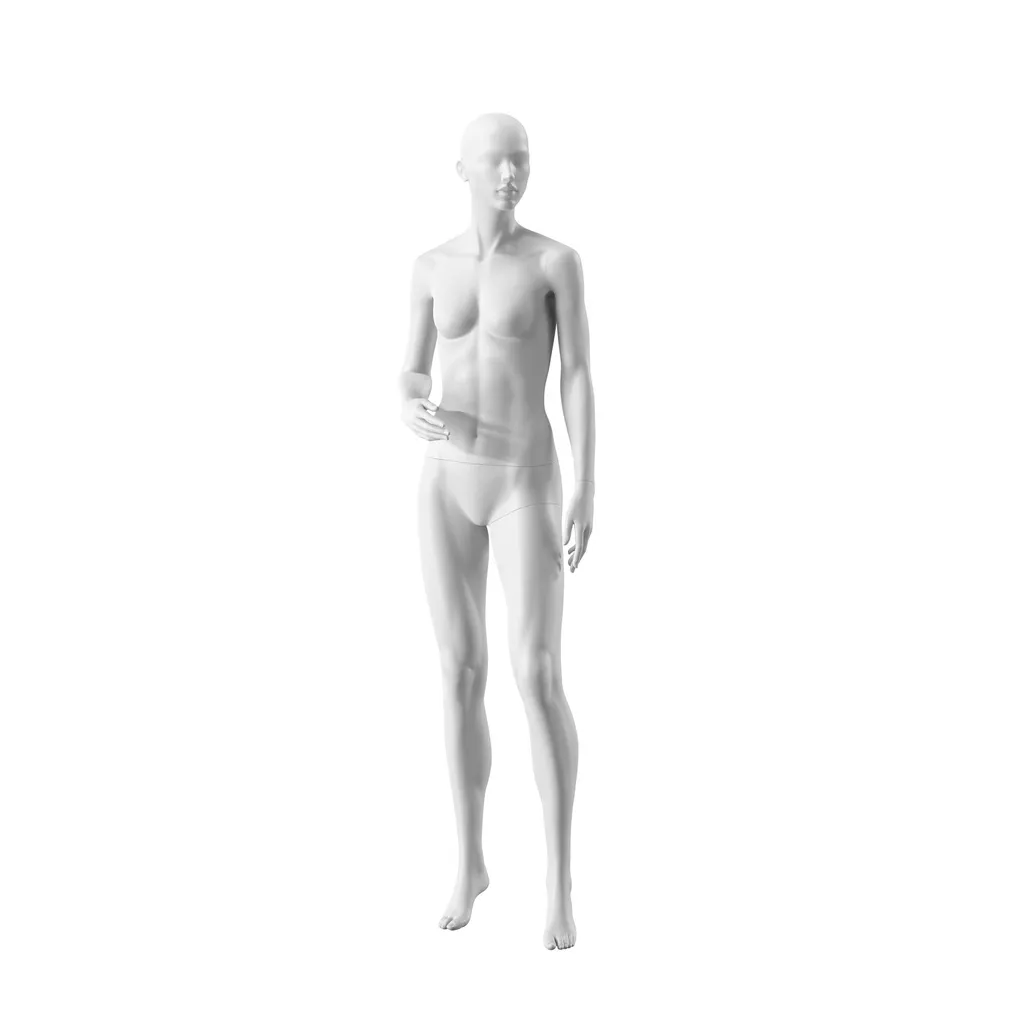 Mannequin de vitrine femme blanc, tête abstraite avec nez et bouche, socle rond en verre, pose 006