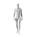 White male mannequin, abstract head with nose and mouth, round glass base, pose 301