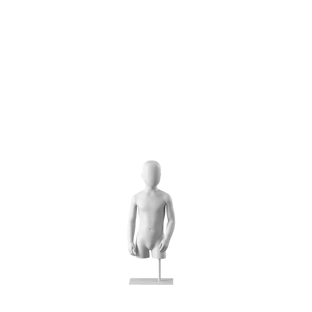 White abstract child torso, with abstract head, white powdercoated base, pose CB355