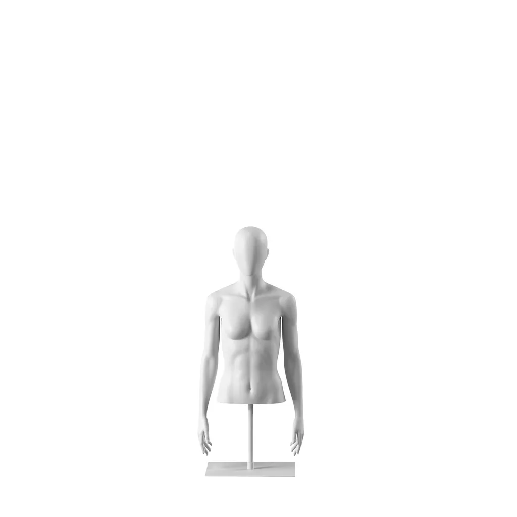 White abstract female torso, with abstract head, white powdercoated base, pose 051