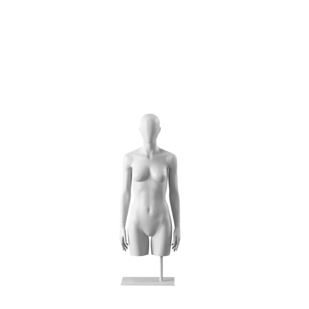 White abstract female torso, with abstract head, white powdercoated base, pose 053