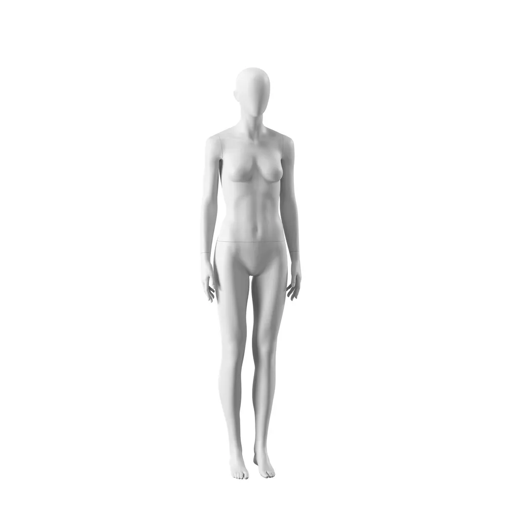 White abstract female mannequin, with abstract head, white powdercoated base, pose FM001