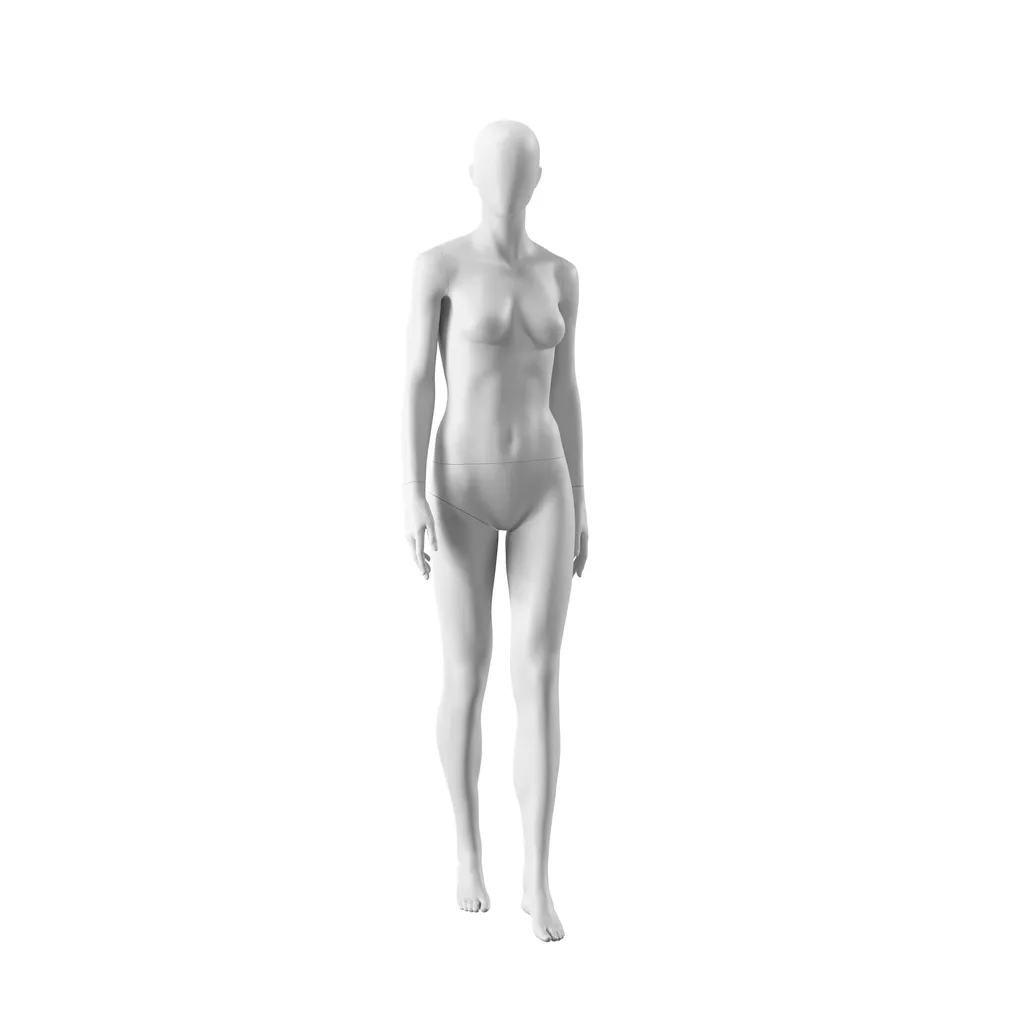 White abstract female mannequin, with abstract head, white powdercoated base, pose FM002