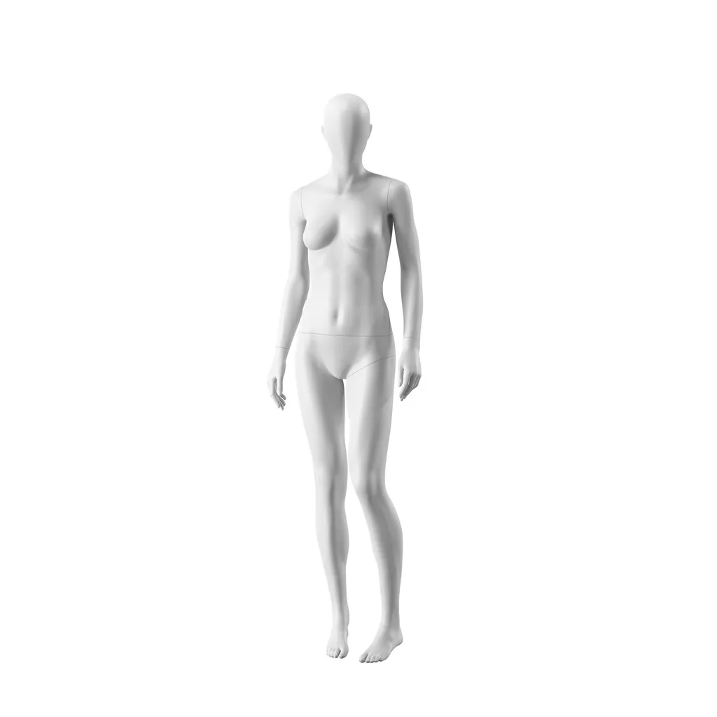 White abstract female mannequin, with abstract head, white powdercoated base, pose FM003