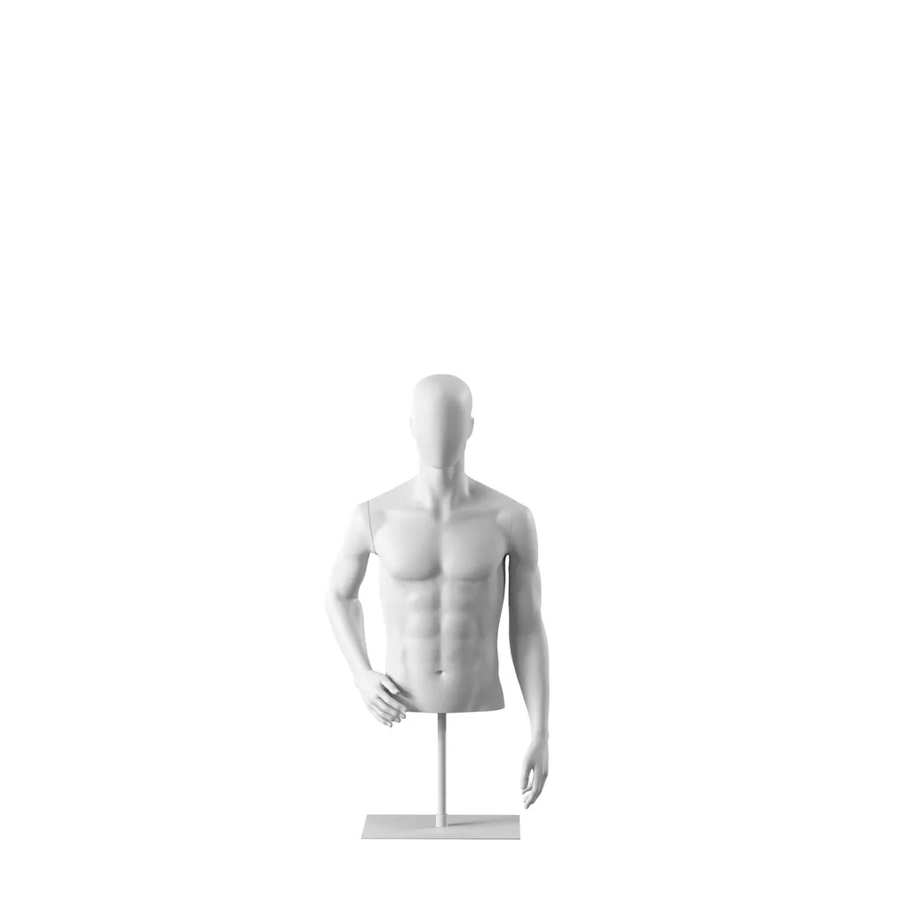 White abstract male torso, with abstract head, white powdercoated base, pose 151