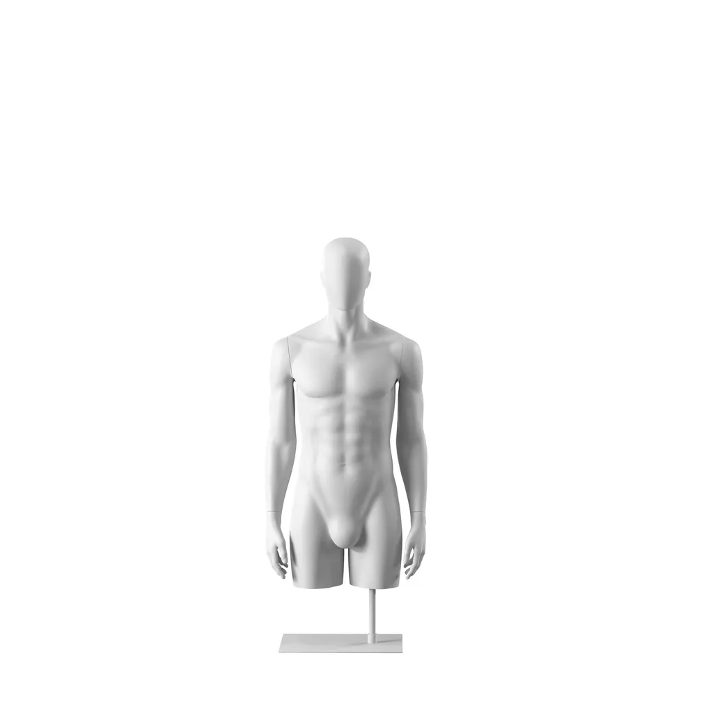 White abstract male torso, with abstract head, white powdercoated base, pose 153