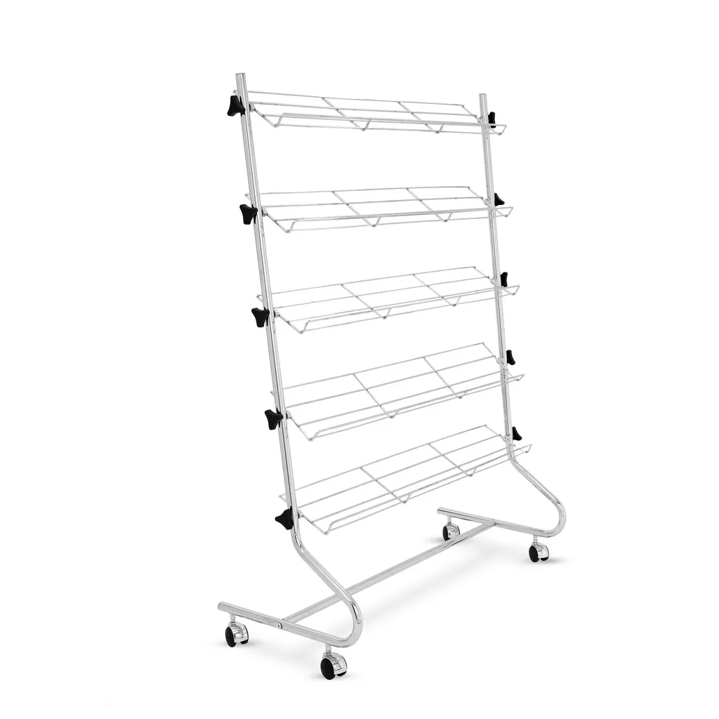 Shoe display rack, chrome, 112x150cm, wheels 5 cm