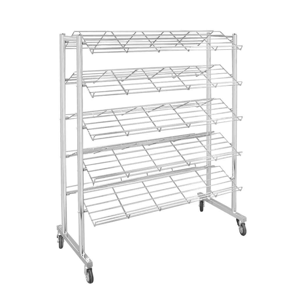 Double shoe display rack, chrome, wheels 8 cm