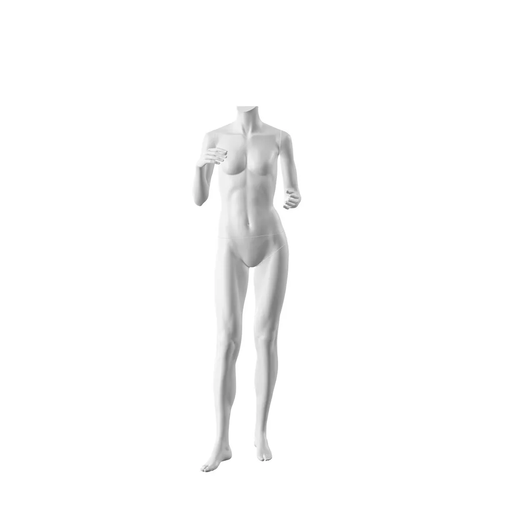 Realistic mannequin, female, urban style, matt white, headless, standing pose 008