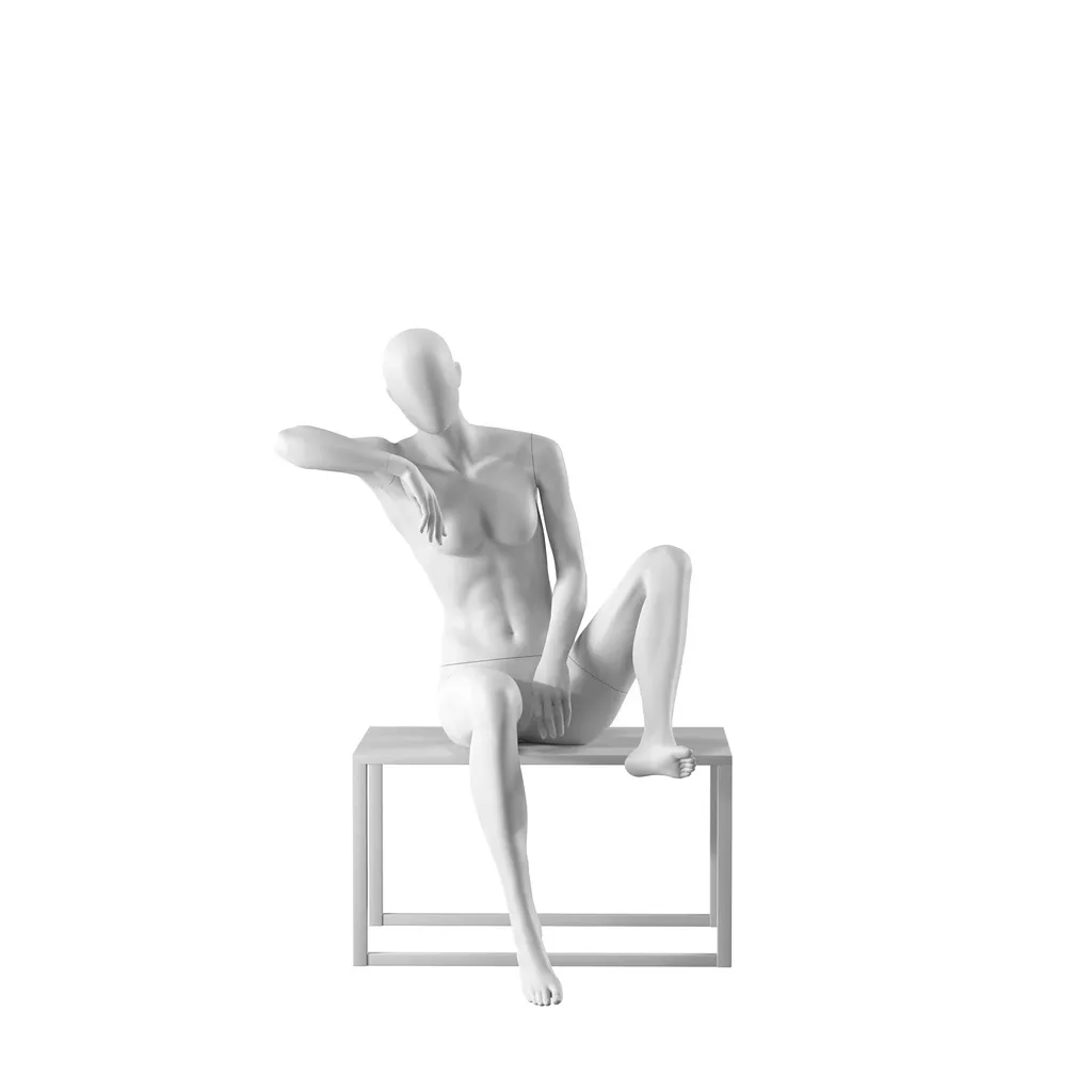 Realistic mannequin, female, urban style, matt white, seated pose 002