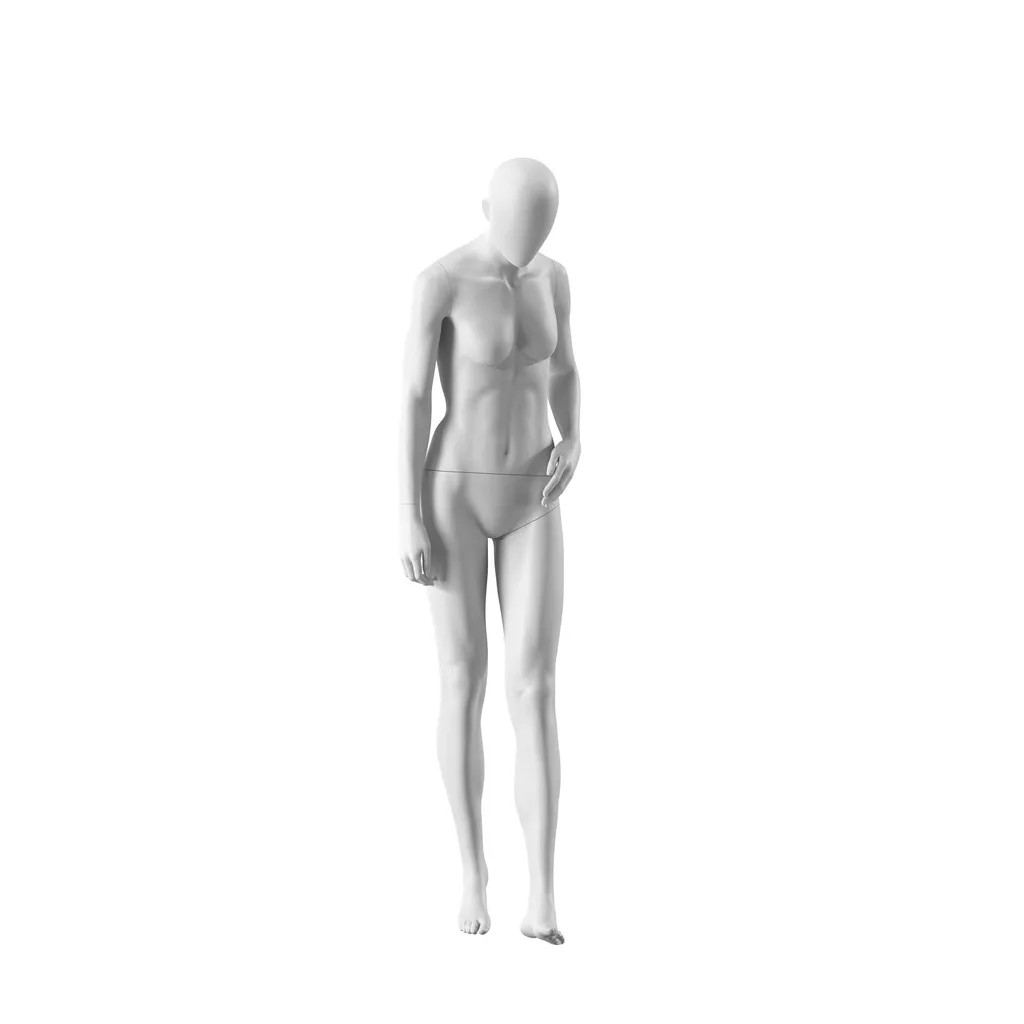 Maniquí realista de color blanco mujer, estilo urbano, cabeza abstracta, postura de pie 005