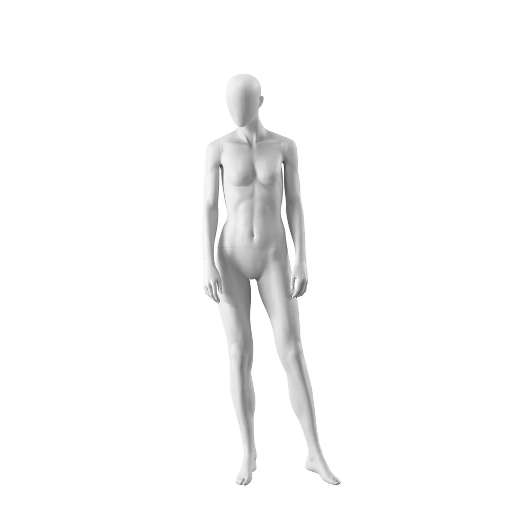 Maniquí realista de color blanco mujer, estilo urbano, cabeza abstracta, postura de pie 011