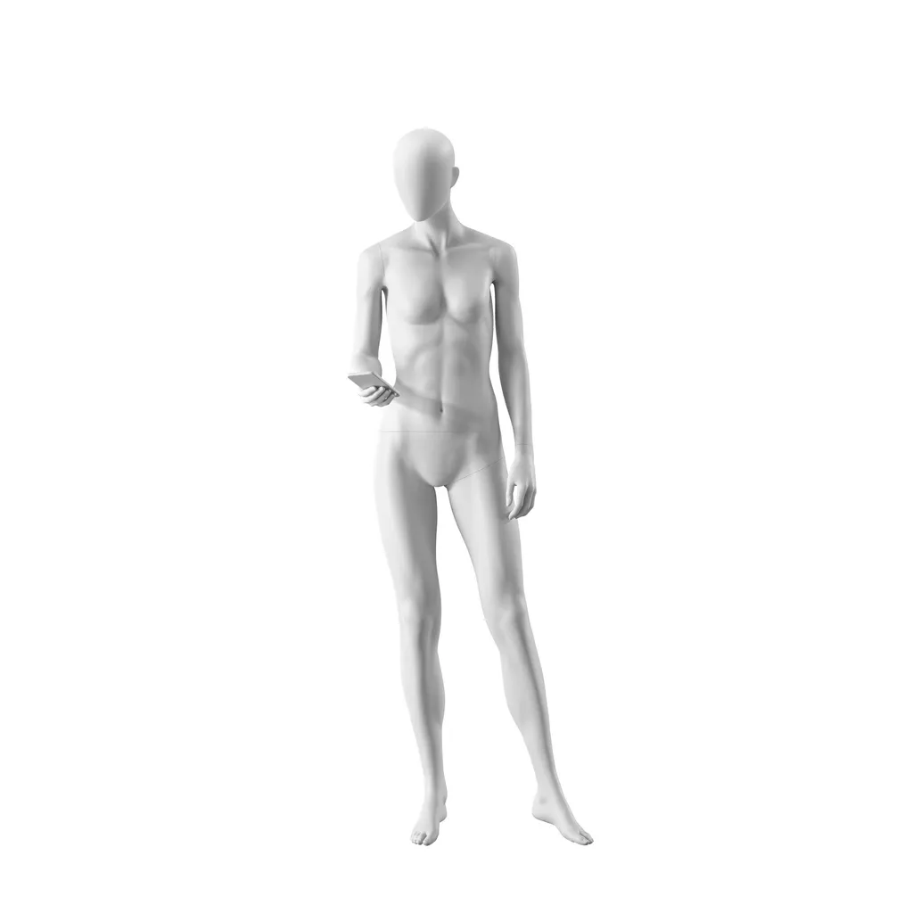 Maniquí realista de color blanco mujer, estilo urbano, cabeza abstracta, postura de pie 012