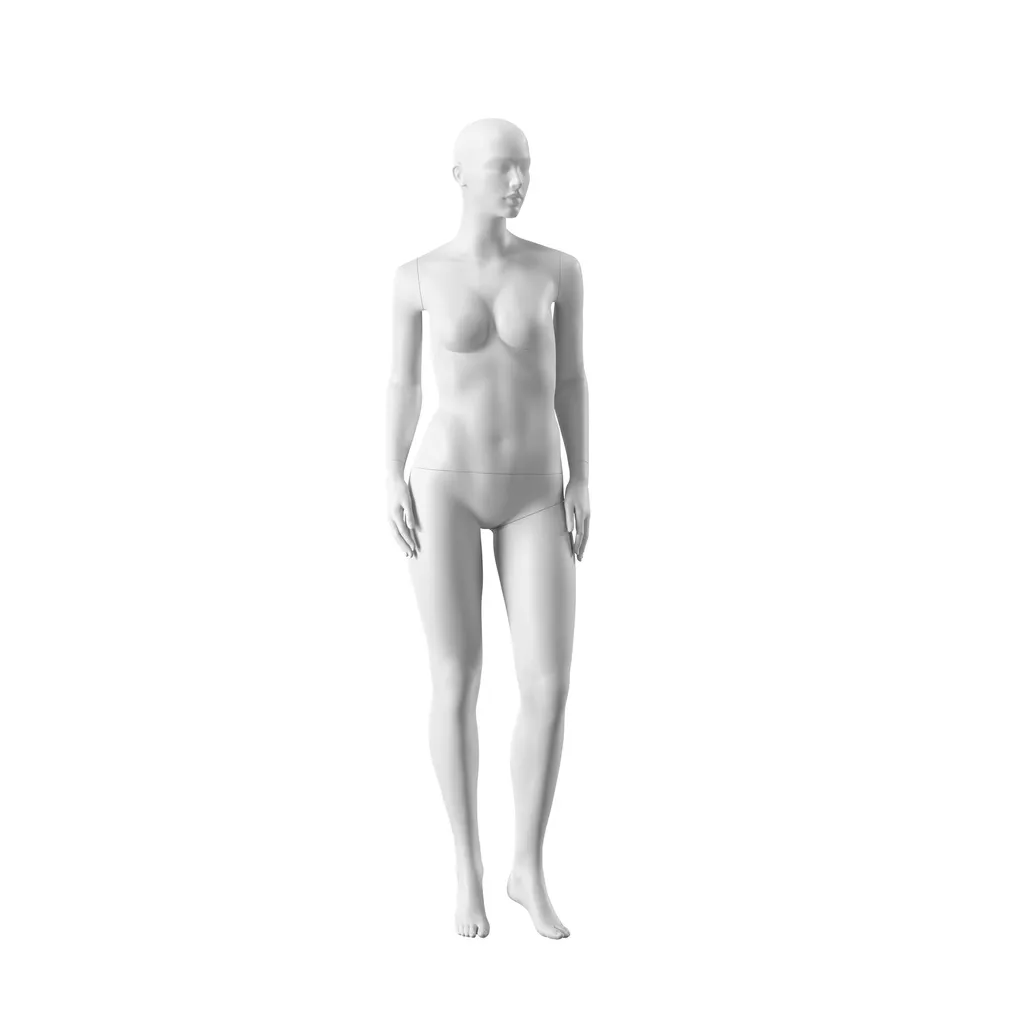 Plus size mannequin, female, semi-abstract head, size EU40, white matt colour, standing pose 10