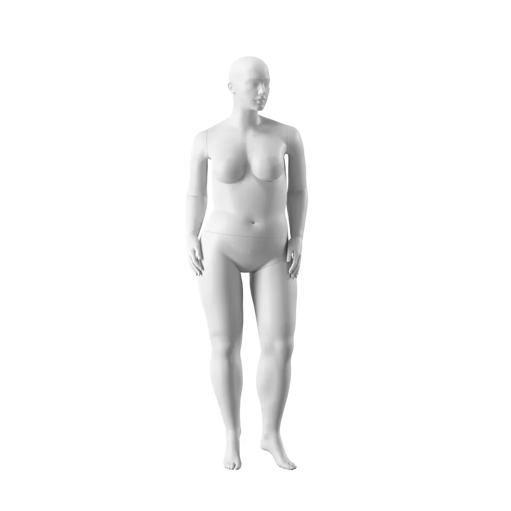 Maniquí mujer talla grande, cabeza semiabstracta, talla 46EU, blanco mate, pose de pie 11