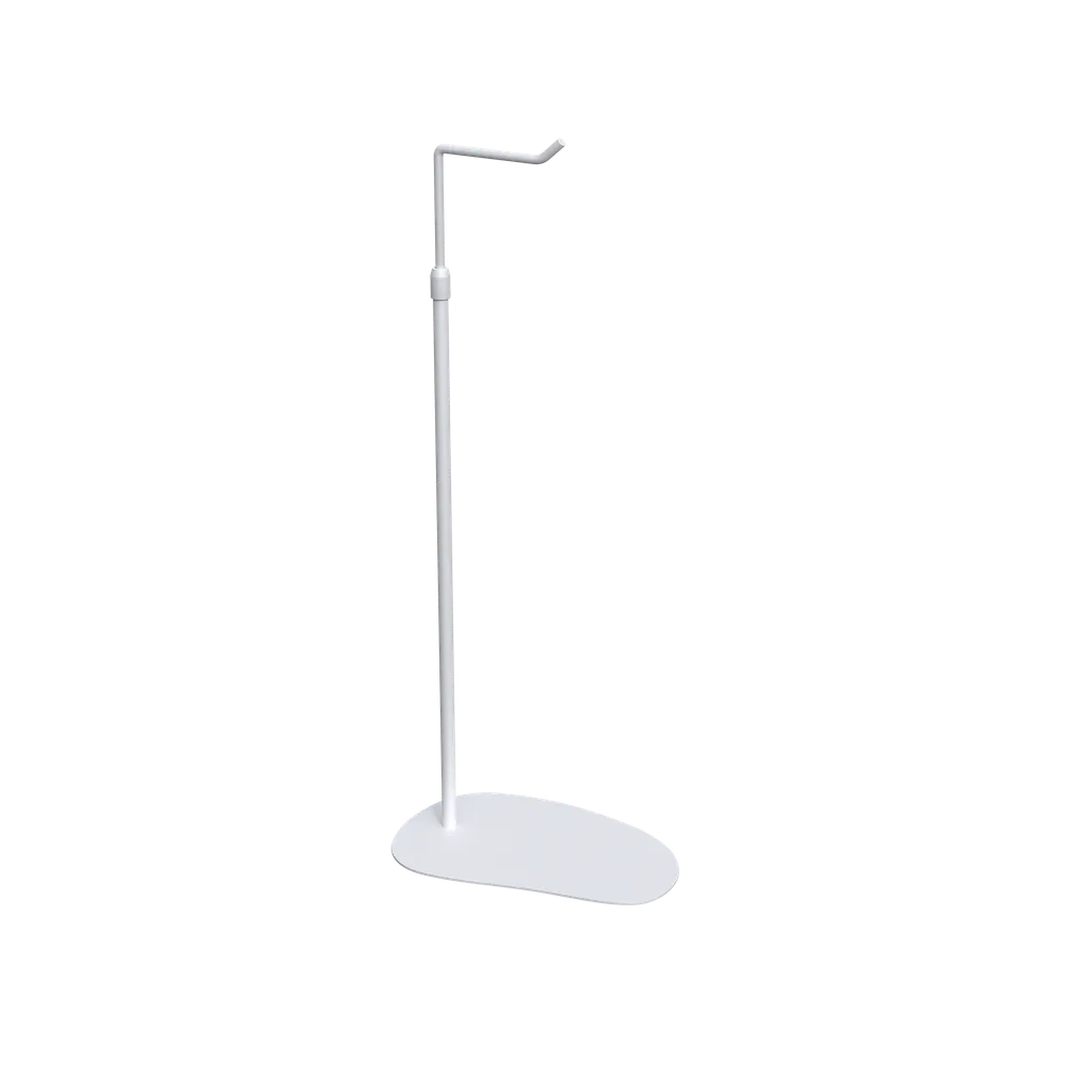 Adjustable L-stand, for displaying leather goods, handbags, and fashion accessories, white metal