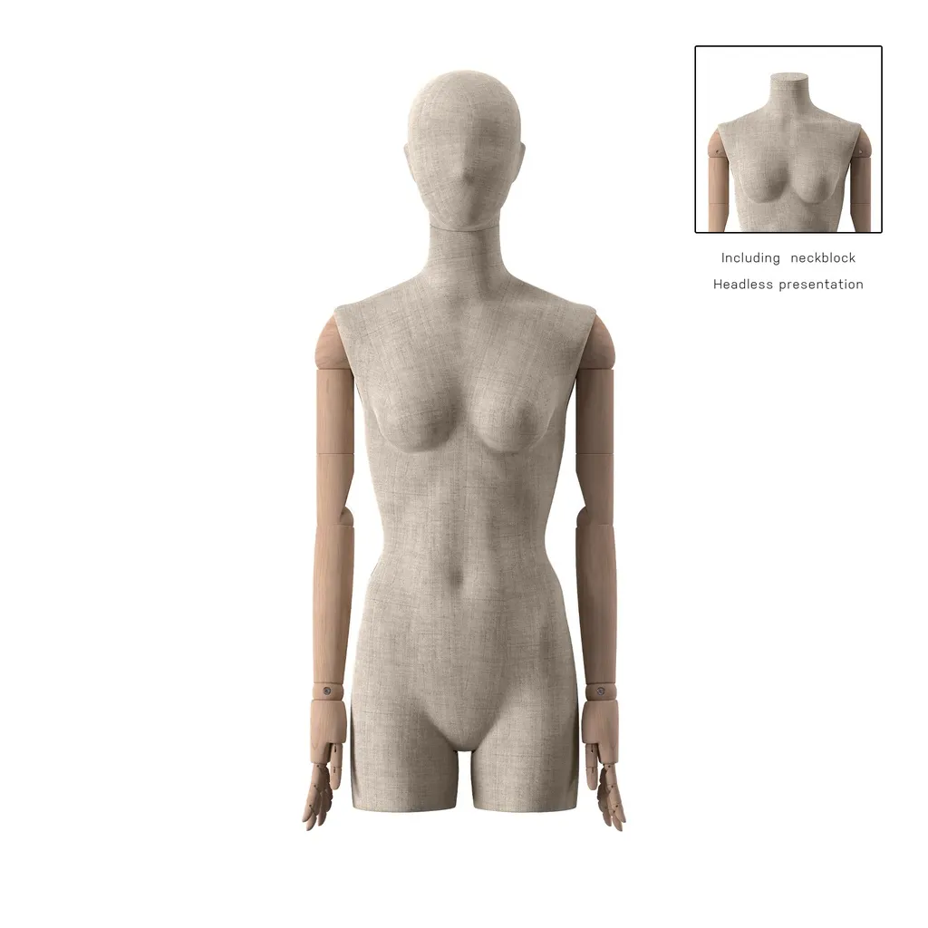 Mannequin vintage, femme, bras en bois, recouvert de tissu, buste avec jambes, pose 21