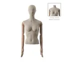 Mannequin vintage, femme, bras en bois, recouvert de tissu, buste sans jambes, pose 22