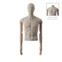 Mannequin vintage, homme, bras en bois, recouvert de tissu, buste sans jambes, pose 62