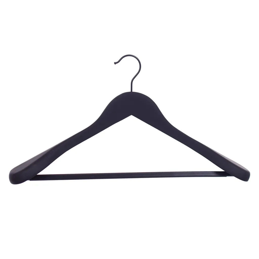 Soft clothes hanger for jackets and with trouser bar, 5 cm shoulder with, 44 cm, black, black hook - box of 30 pcs