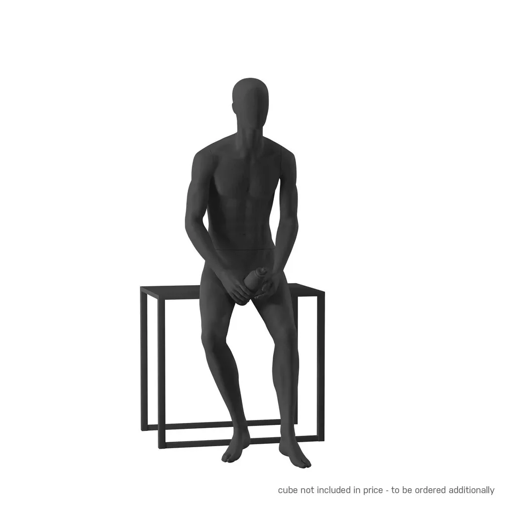 Black mannequin, male, urban style, abstract head, seated pose 307