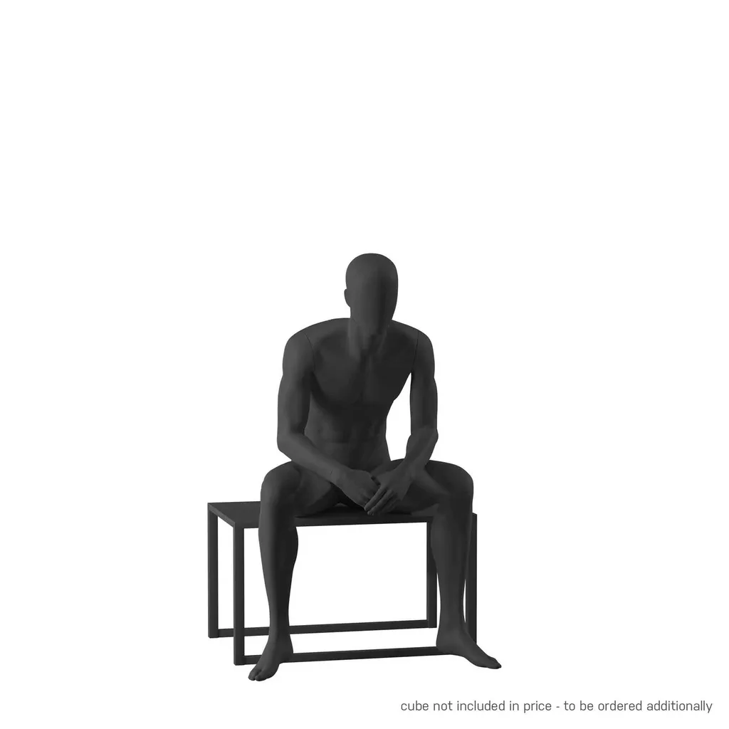 Black mannequin, male, urban style, abstract head, seated pose 301