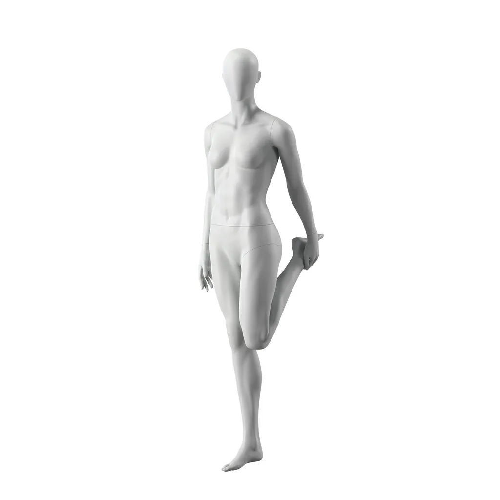 Stretching mannequin, female, grey, abstract head, standing pose 03