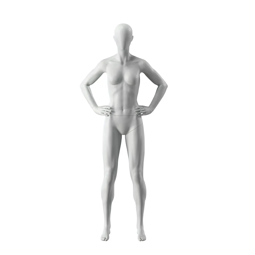 Maniquí de deporte mujer, gris,  cabeza abstracta, postura de pie 13