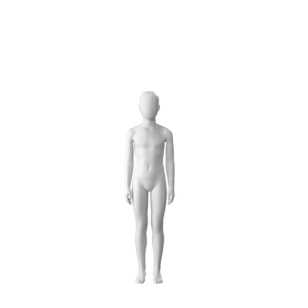 White abstract child mannequin, with abstract head, 10 years, white powdercoated base, pose CM310