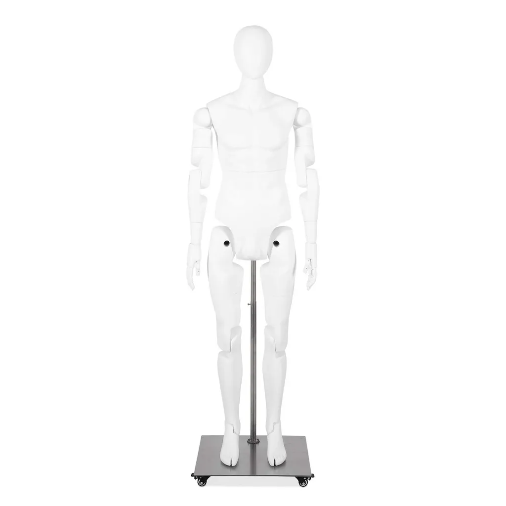 Maniquí masculino móvil en blanco para vestimenta de museo, cabeza abstracta, ajustable, pose YM03.