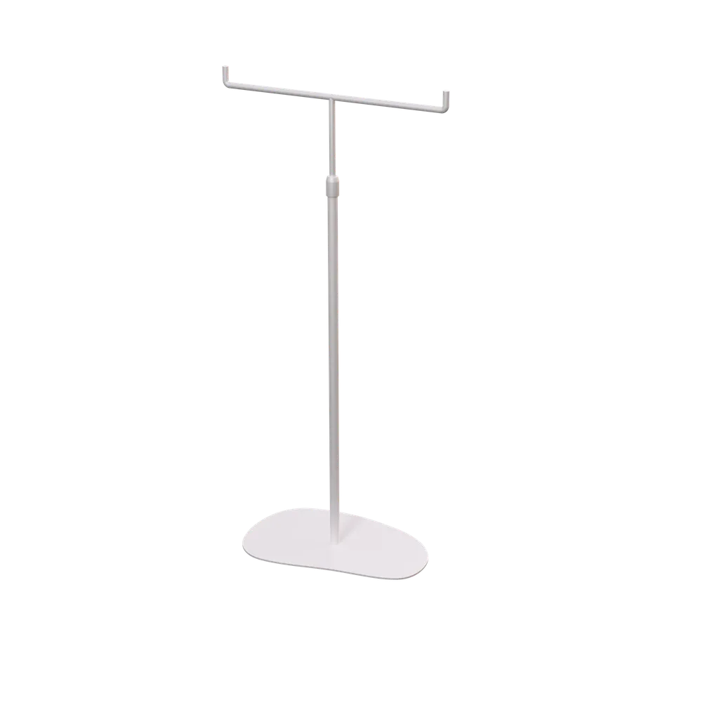 Adjustable T-stand, for displaying (hand)bags, scarves, and jewelry, white metal