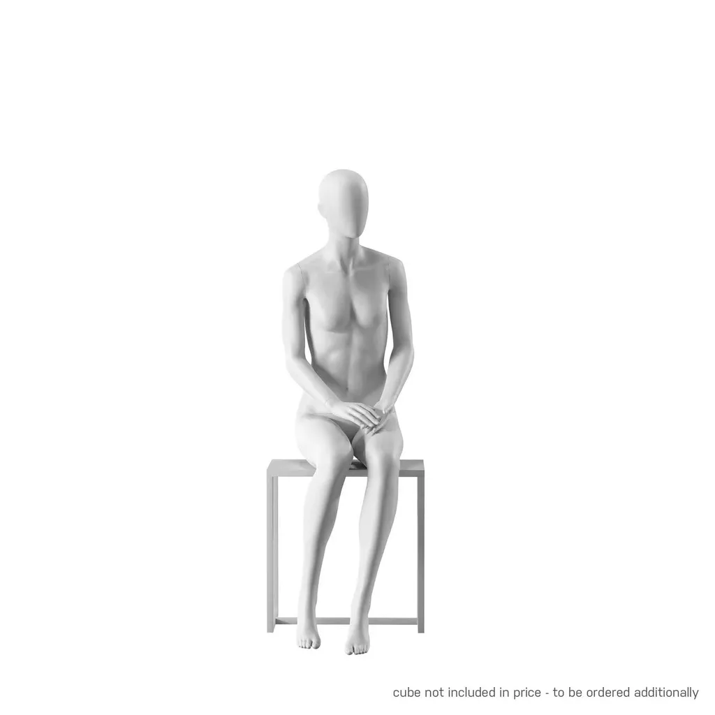 White abstract female mannequin, with abstract head, white powdercoated base, pose FM004