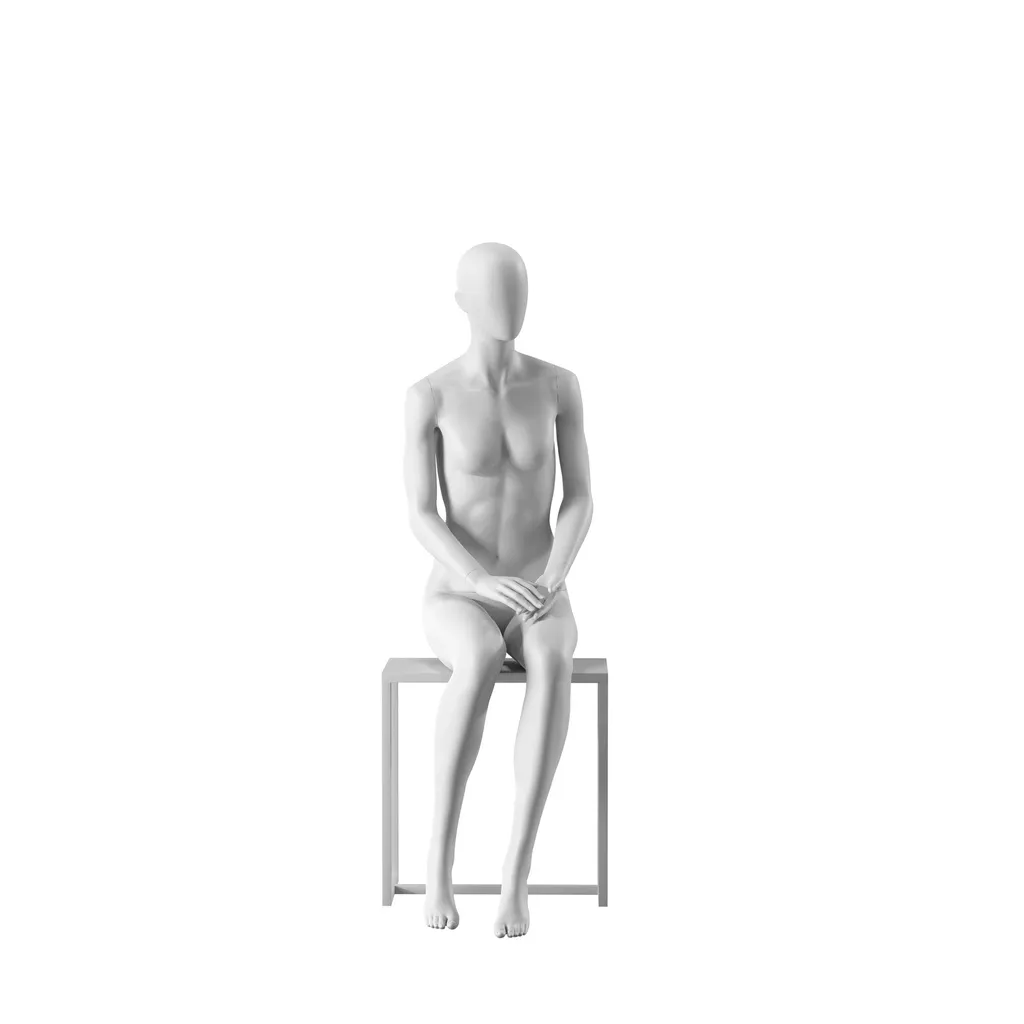 White abstract female mannequin, with abstract head, white powdercoated base, pose FM004