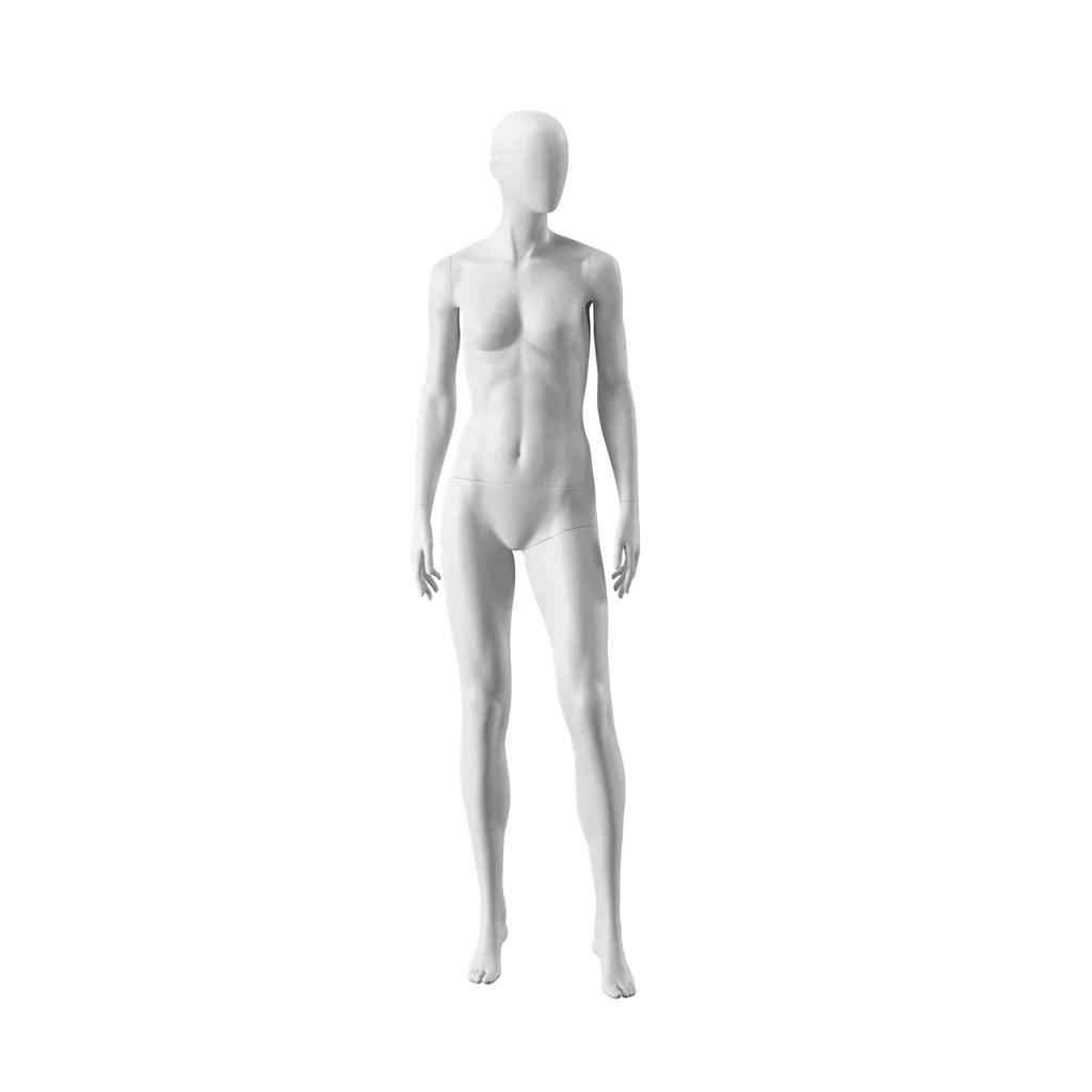 White abstract female mannequin, with abstract head, white powdercoated base, pose FM005