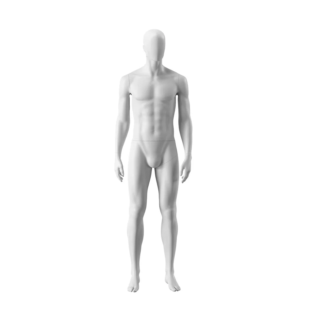 White abstract male mannequin, with abstract head, white powdercoated base, pose MM103