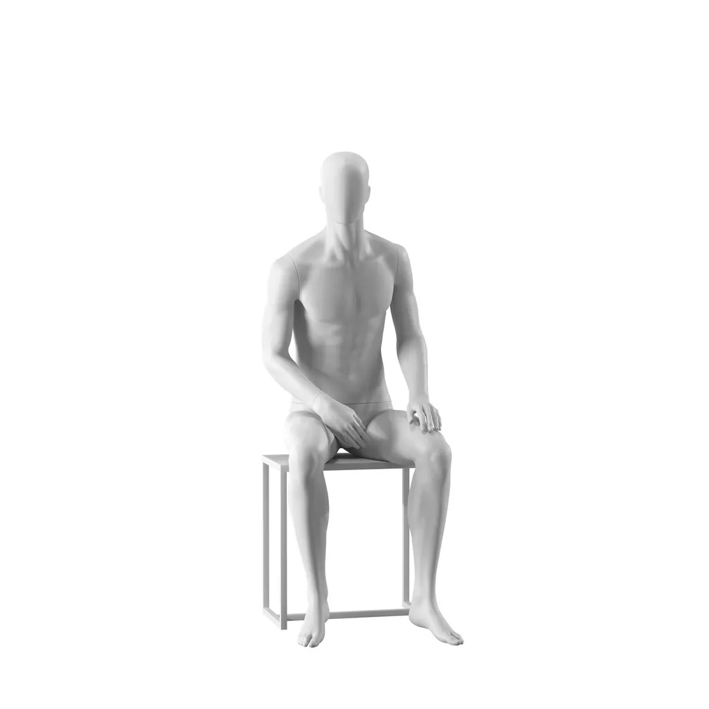 White abstract male mannequin, with abstract head, white powdercoated base, pose MM104