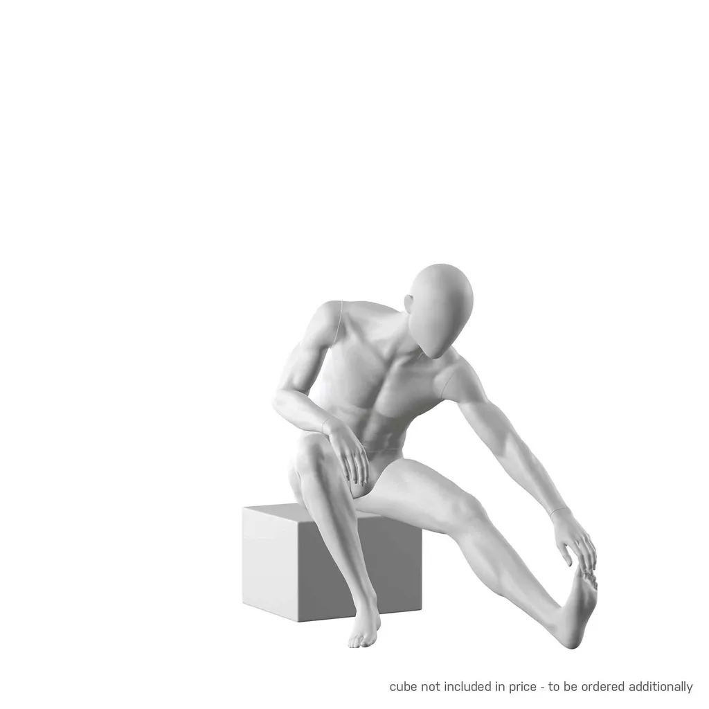 Stretching sport mannequin, male, grey, abstract head, seated pose 321