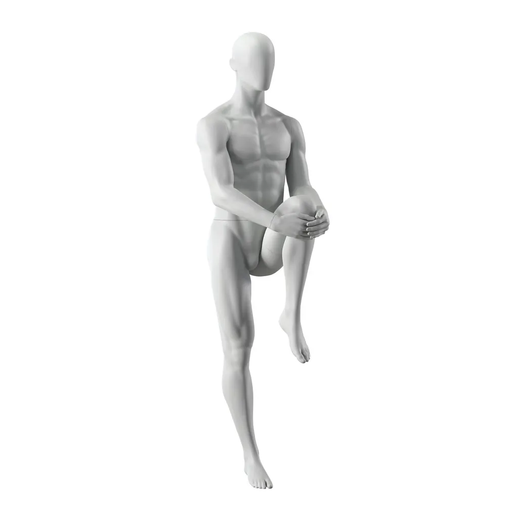 Maniquí de deporte estirando, hombre, gris, cabeza abstracta, postura de pie 302