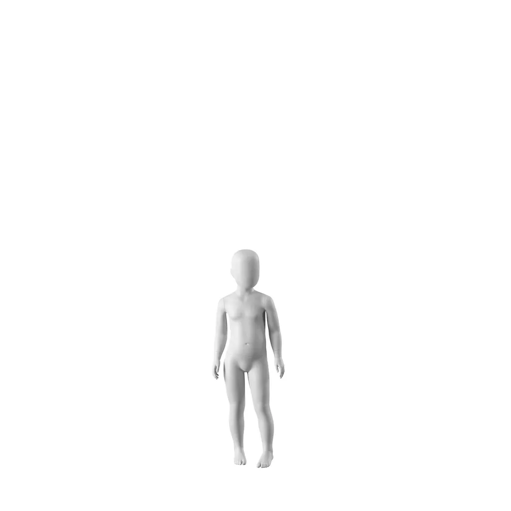 White abstract child mannequin, with abstract head, 3 years, white powdercoated base, pose CM307