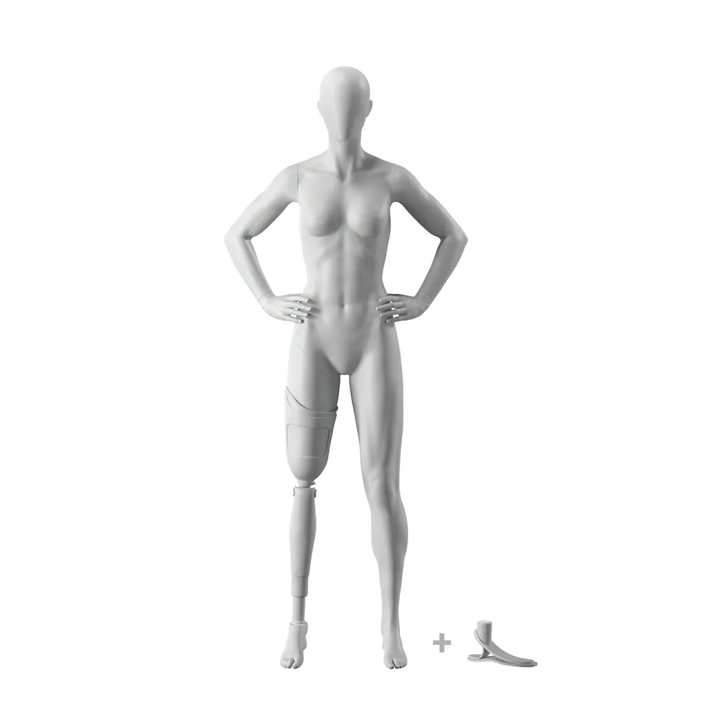 Sport mannequin with leg prosthesis, female, grey, abstract head, standing pose 113