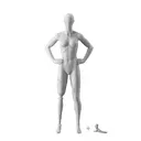 Sport mannequin with leg prosthesis, female, grey, abstract head, standing pose 113