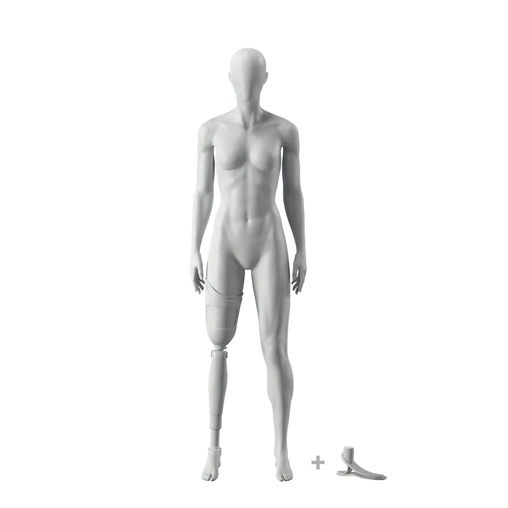 Sport mannequin with leg prosthesis, female, grey, abstract head, standing pose 101