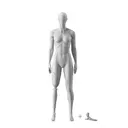 Sport mannequin with leg prosthesis, female, grey, abstract head, standing pose 101