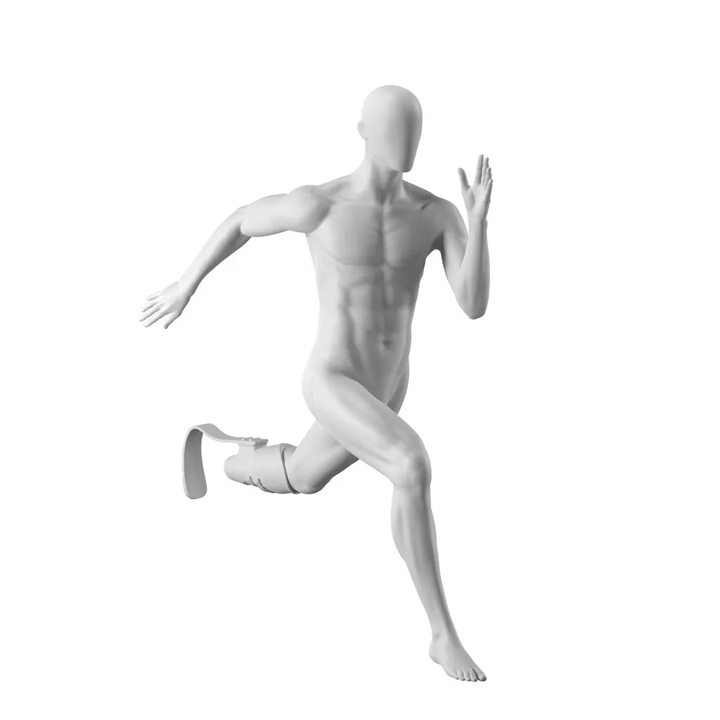 Running sport mannequin with prosthetic leg, male, grey, abstract head, standing pose 405