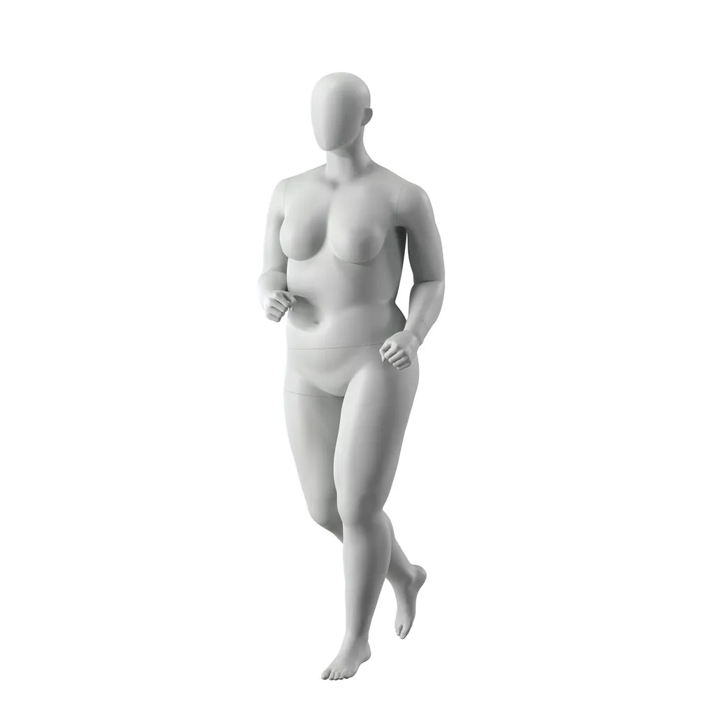 Maniquí de deporte talla grande corriendo, mujer, gris, cabeza abstracta, postura de pie 36