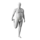 Stretching plus size sport mannequin, male, grey, abstract head, standing pose 350