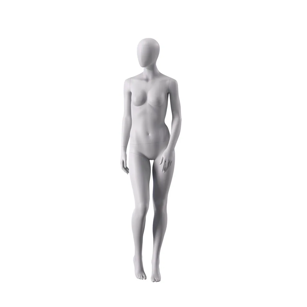 Maniquí de mujer, cabeza globo abstracto, vestido talla 38EU, blanco mate, postura de pie 09